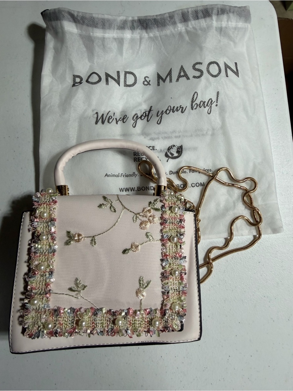 Bond and Mason Pink Embroidered Top-Handle Satchel